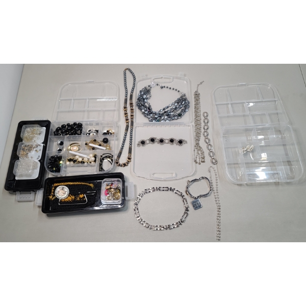 Lot Of Assorted Fashion Jewelry Pieces, Earring Backs & Jewelry Storage Containers