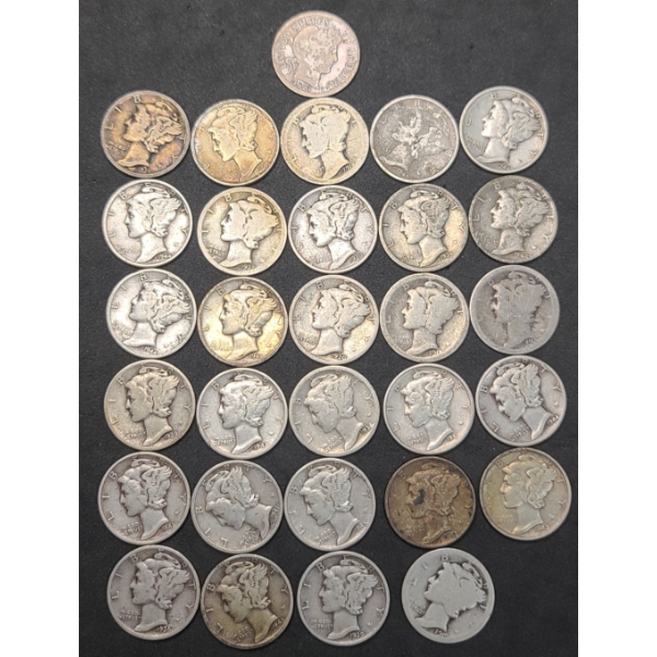 Assorted Years/Mint Marks United States 90% Silver Mercury Dimes & 1913 Barber Dime - Face Value: $3