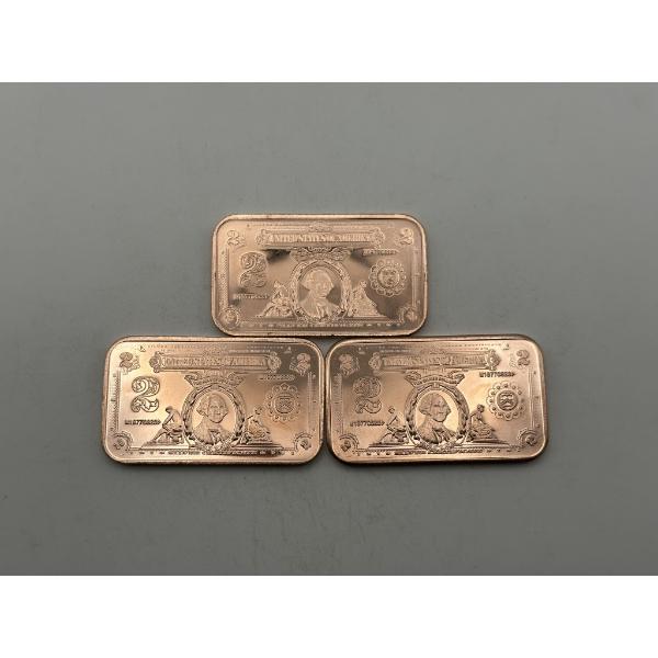 Three $2 George Washington 'Silver Certificate' 1oz .999 Copper Bars