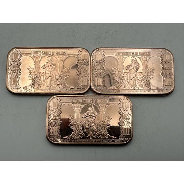 Three $10 'Bison Bank Note' 1oz .999 Copper Bars