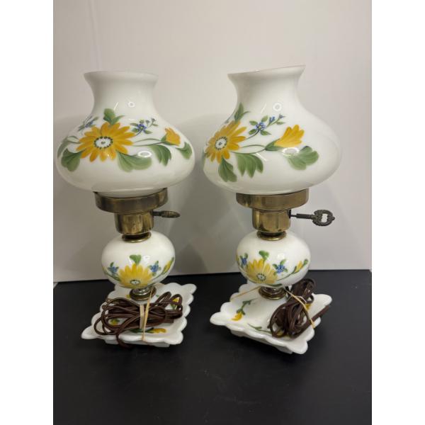 Vintage Milk Glass Hurricane Lamps - Gorgeous Floral - In Working Condition! - 14 inches tall