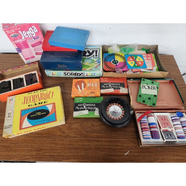 Assorted Games Including Vintage Jeopardy, Sorry, Roulette Wheel, Jenga, & More! 