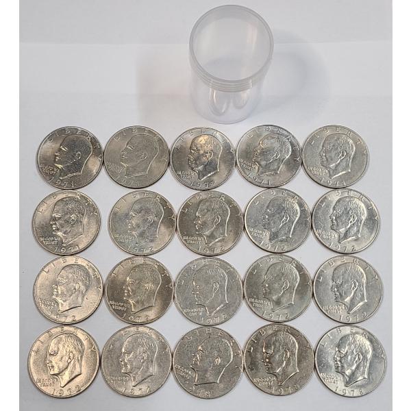 1971, 1972, 1978 Eisenhower Dollars With Assorted Mint Marks & Coin Tube - Face Value: $20.00