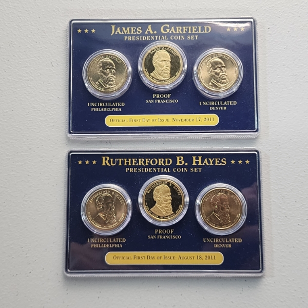 Two U.S. Presidential Dollar Coin Sets FDOI: Garfield & Hayes - Face Value: $6.00