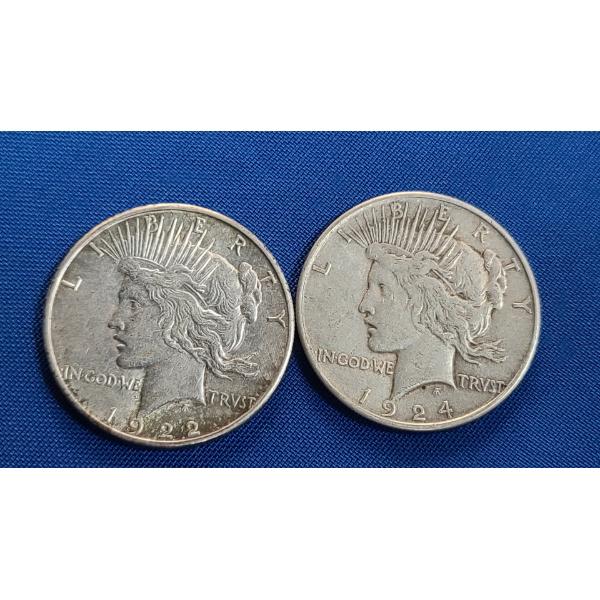 (2) 90% Silver Peace Dollars -1922-S & 1924 