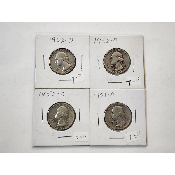 Four 90% Silver U.S. Washington Quarters 1962-D, 1952-D, 1953-D, 1953-D FV: $1.00