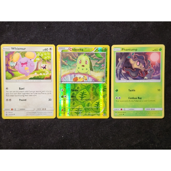 Three Assorted Pokemon Trading Cards Including Reverse Holo Chikorita 1/122