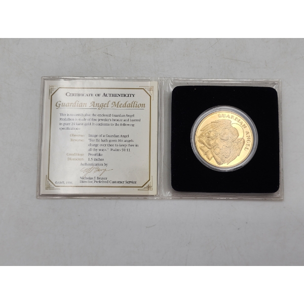 Bronze, 24K Gold Layered Guardian Angel Medallion 