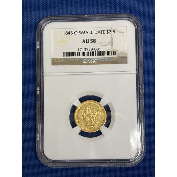 1843-O $2.50 Quarter Eagle (Small Date) Graded by NGC as AU58