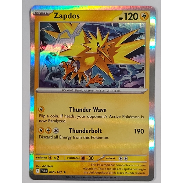 Zapdos (065/167) Holo Rare Pokemon Card From The Scarlet & Violet: Twilight Masquerade Set
