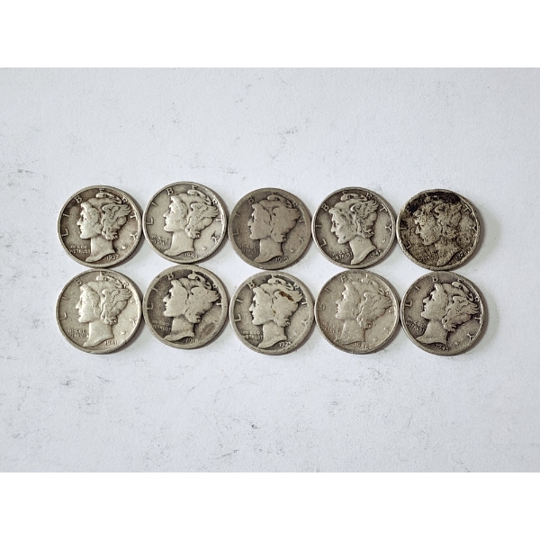 x10 Assorted Years & Mint Marks U.S. 90% Silver Mercury Dimes FV: $1.00