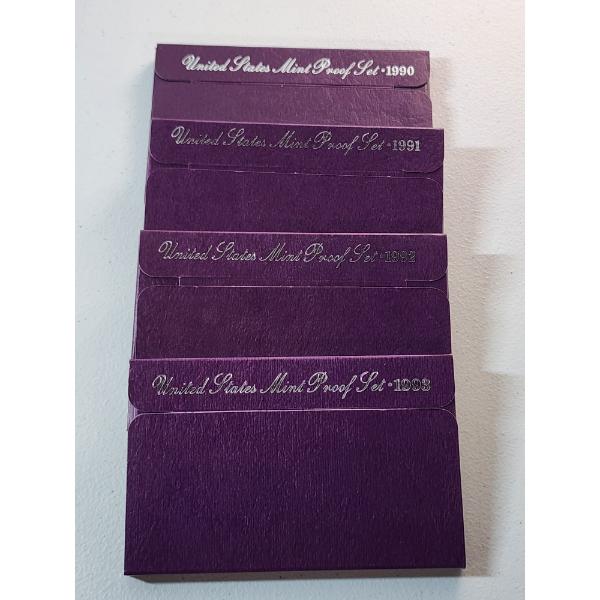 x4 United States Mint Proof Sets: 1990, 1991, 1992, 1993 in Original Packaging w/ CoA