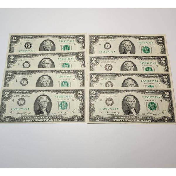 8 United States 1976 $2 Federal Reserve Notes SEQUENCIAL SERIAL NUMBERS!
