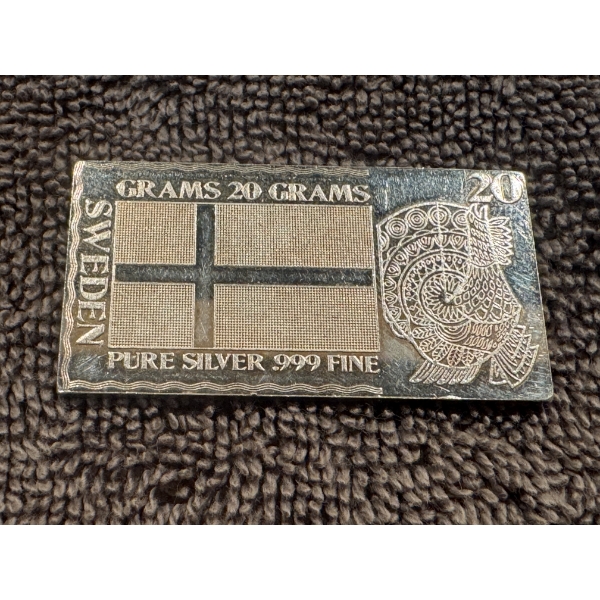 Rare Sweden 20 Gram .999 Pure Fine Silver Bar - The Silver Mint Limited Production Piece