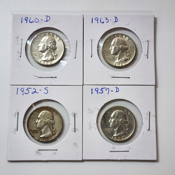 Four Assorted Years 90% Silver United States Washington Quarters - Face Value: $1.00