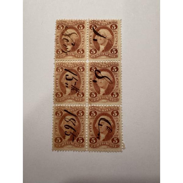 Rare Civil War 1865 Five Cent U.S. Washington 1st Edition Revenue Stamps - Block Of 6 - Excellent 