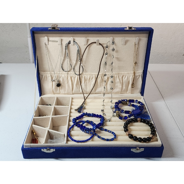 Large Lot of Assorted Costume Jewelry - Bracelets, Necklaces, & More! In Royal Blue Jewelry Box 