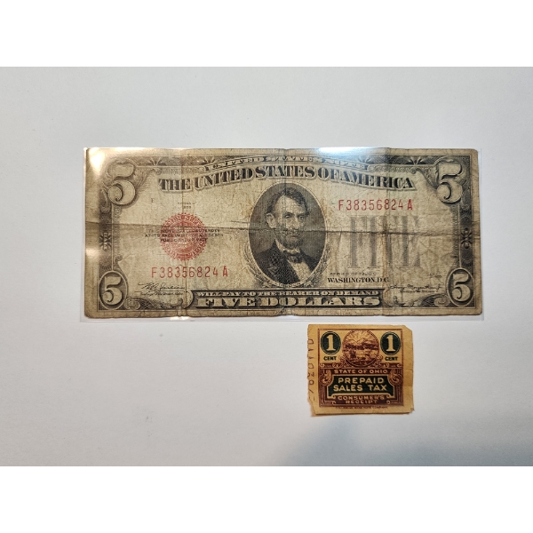 1928 C $5 Red Seal U.S. Banknote & Vintage One-Cent Ohio Prepaid Sales Tax Stamp