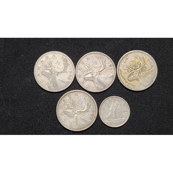 Assorted Years Canadian 80% Silver 25 Cent Coins & 1951 10 Cent 80% Silver Coin 