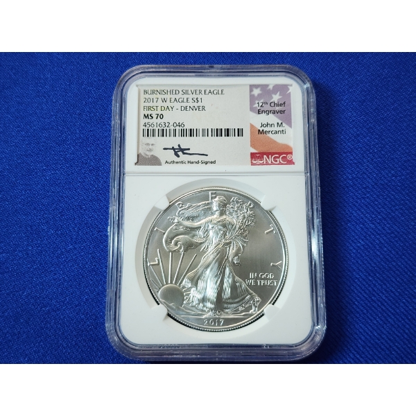 NGC 2017-W Burnished Silver Eagle First Day - Denver, 1oz Fine Silver, MS 70, Signed!