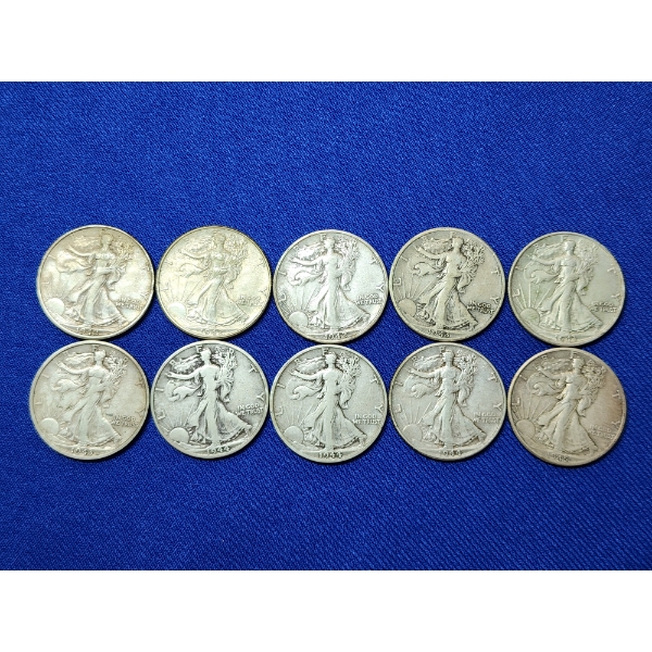 x10 Assorted Years 90% Silver Walking Liberty Half Dollars FV: $5.00