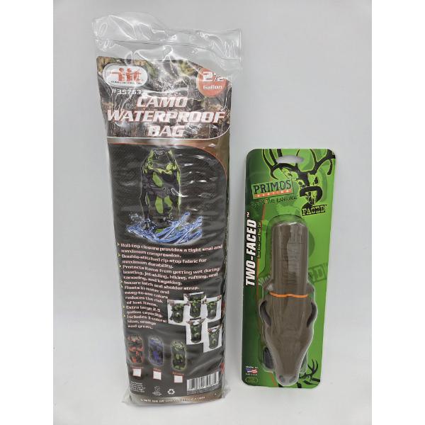Brand New Outdoors Group Including 2 1/2 Gallon Waterproof Camo Bag And Two Faced Deer Call