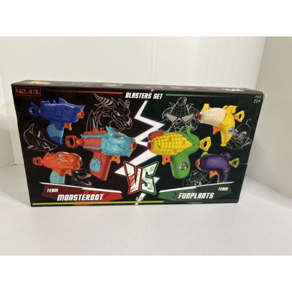 New in Box! 6 Pack Blasters Set - Team Monsterbot & Funplants - Includes 20 Refillable Foam Darts 