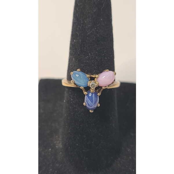 Vintage 10K Yellow Gold Triple Star Sapphire Cluster & Diamond Ring - Size 5 - Weight: 3.3g