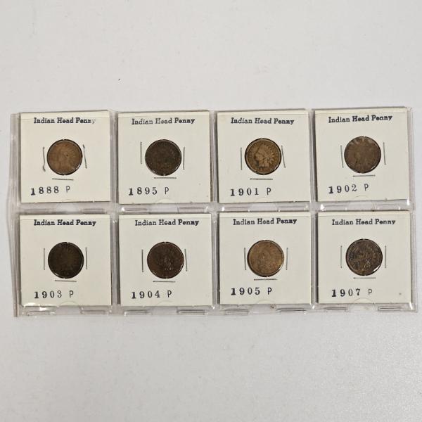 Eight Indian Head Pennies Minted in Philadelphia from 1888-P To 1907-P
