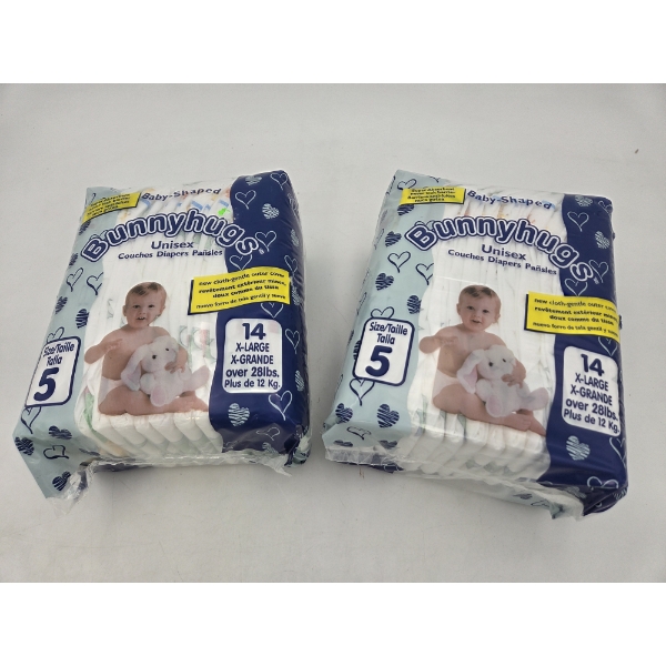 Two Packs Of Bunny Hugs Unisex Size 5 Diapers, 28 Diapers Total!
