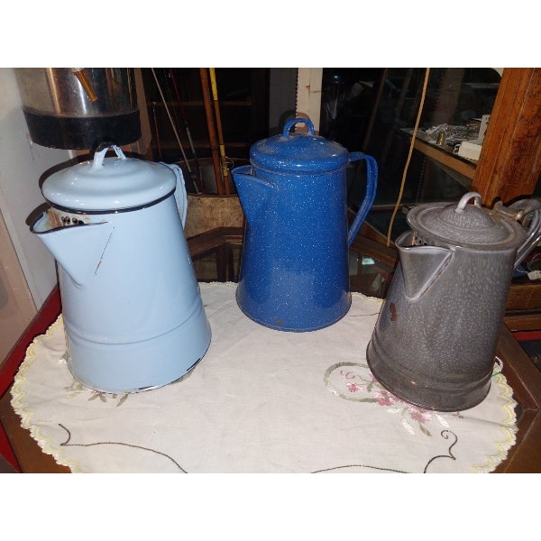 Group Of 3 Antique Porcelain Enamel Metal Coffee Pots - See PIcs