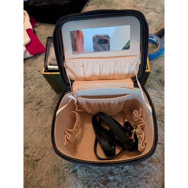 New Black Travel Case With Strap, 2 New Ladies Wallets, Seashell, And Small Glass Trinket Box