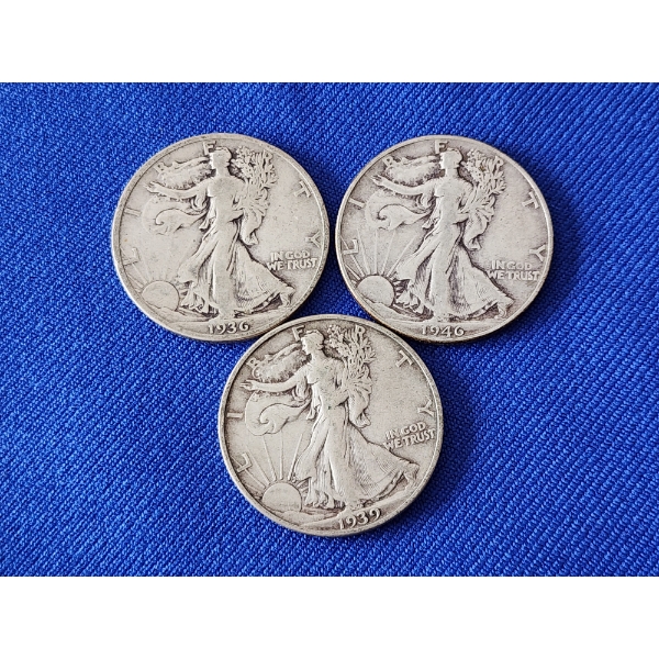 3 - 90% Silver Walking Liberty Half Dollars FV: $1.50