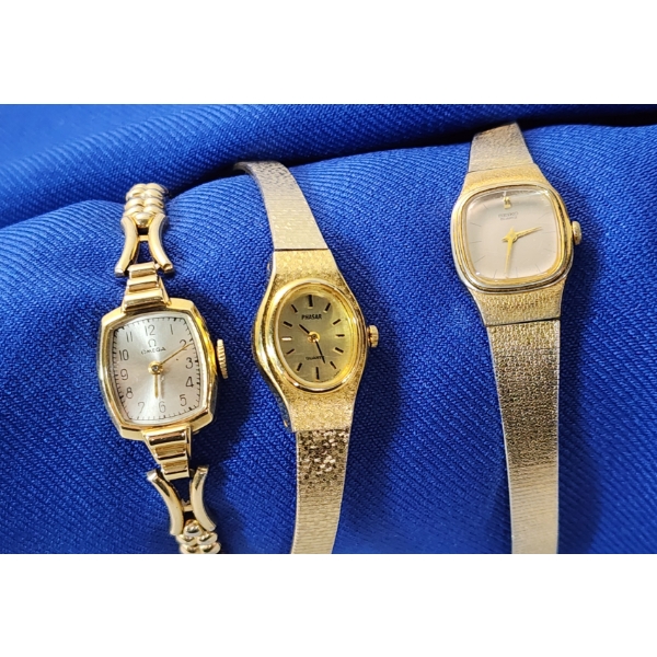 Three Gold-Tone Ladies Watches Omega, Phasar, Seiko
