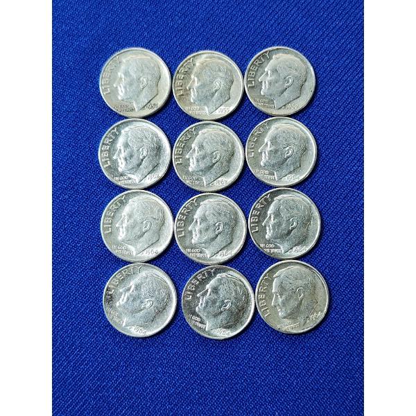 x12 Assorted Years 90% Silver Roosevelt Dimes Including BU-Like FV: $1.20