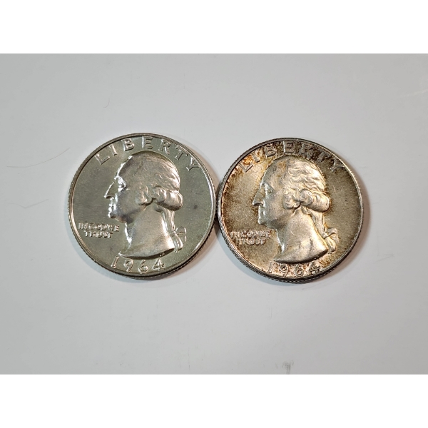 Two 1964 90% Silver Washington Quarters FV: $0.50