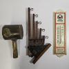 Image 1 : Three Vintage Collectibles Including Brass Sprinkler, Folding Hanger, and Advertising Thermometer