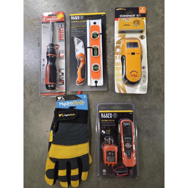 All New- Gloves, Electric Test Kit, Stud Sensor, Knife, Level & Bit Driver Set