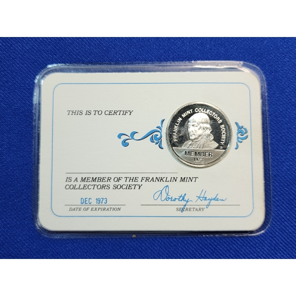 1973 Franklin Mint Collectors Society Member Sterling Silver Medallion