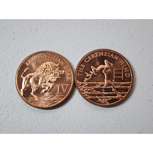 x2 1 oz Fine Copper Rounds: The Ceryneian Hind & Erymanthian Boar