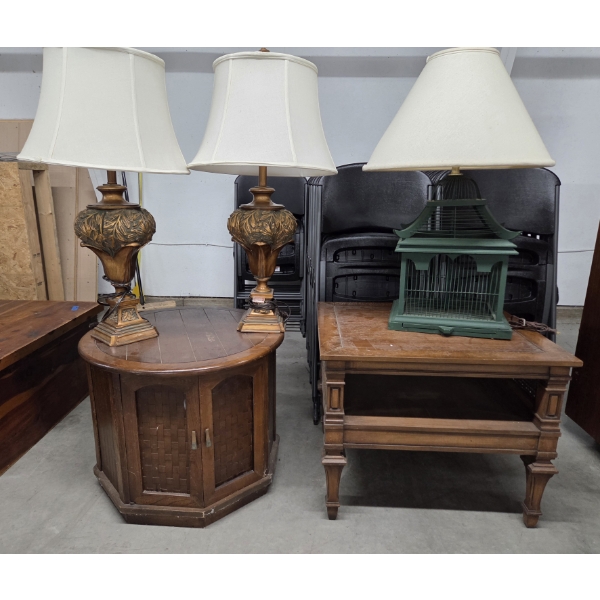 MCM Solid Wood 20''x25'' & 22''x26'' End Tables, 2 Ceramic Matching 33'' Lamps & 32'' Birdcage Lamp 