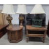 Image 1 : MCM Solid Wood 20''x25'' & 22''x26'' End Tables, 2 Ceramic Matching 33'' Lamps & 32'' Birdcage Lamp 