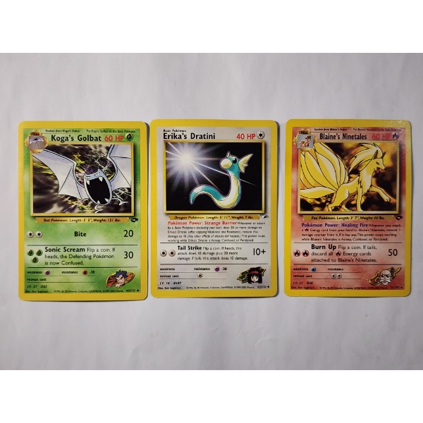 Three Vintage Pokemon Trading Cards From The Gym Series Sets - Ninetales, Dratini & Golbat