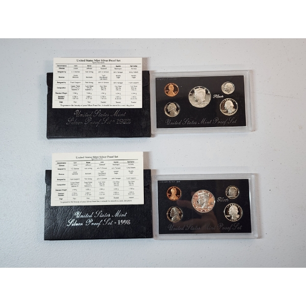 1992 and 1998 United States Mint Silver Proof Sets with Boxes and COA