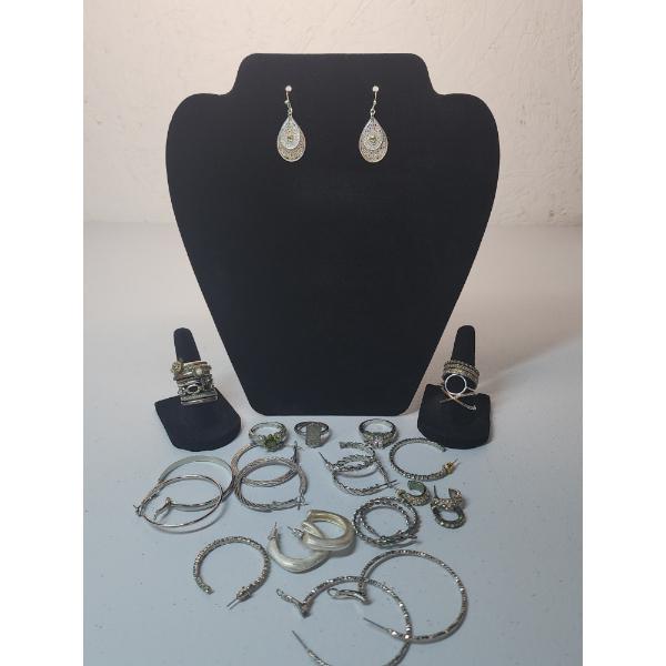 Nice Assortment of Silver-Tone Earrings and Rings  