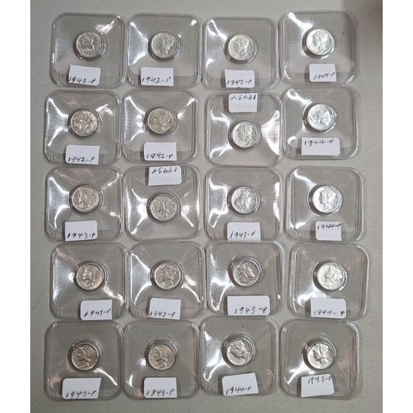 Years 1942, 1943, 1944, 1945 90% Silver Mercury Dimes BU Condition - Face Value: $2.00