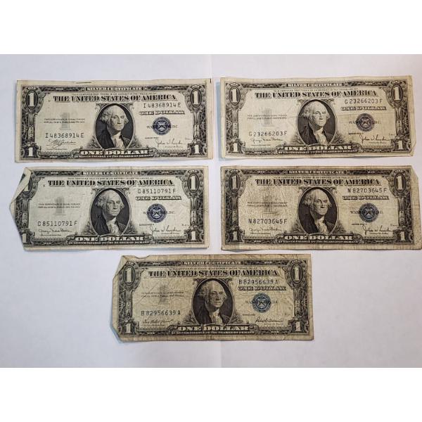 Five Assorted United States $1 Blue Seal Silver Certificates FV: $5.00