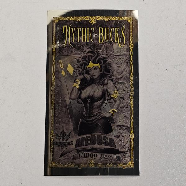 2026 Immortals Mythic Bucks Medallion Medusa 1/1000th Troy Oz 999 Fine Ag Silver Aurum Foil Note