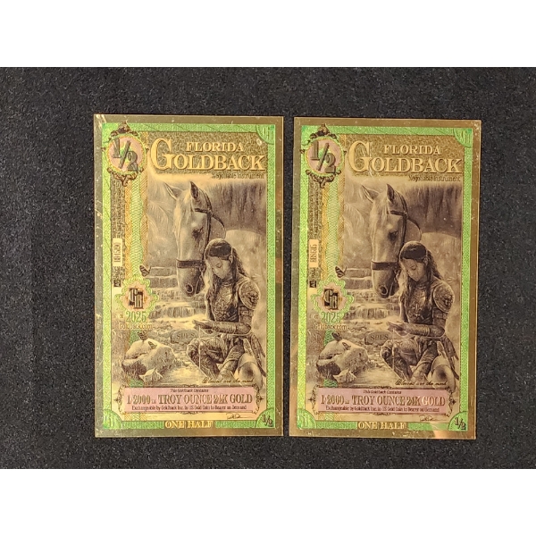 Two 2025 1/2 Florida Goldback Notes - Each Containing 1/2000th Troy Ounce 24K Gold