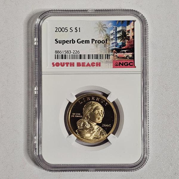 NGC Superb Gem Proof South Beach Custom Label 2005 S $1 Sacagawea Golden Dollar